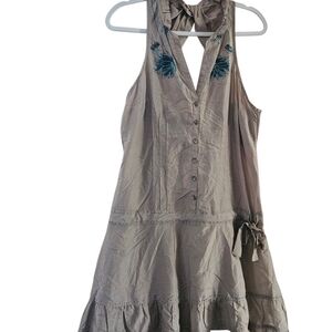 Free People Taupe Mini Dress with Teal Embroidery